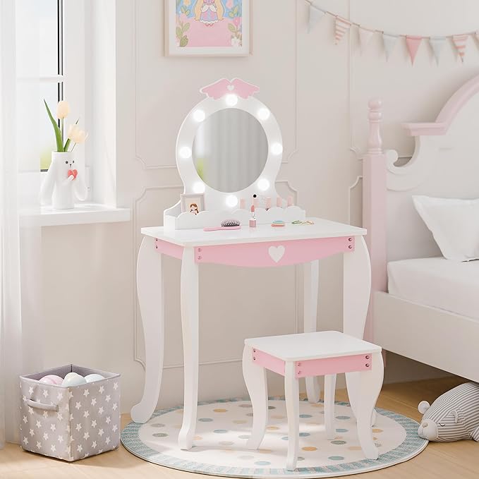 MU Kids Vanity Set with Lighted Mirror and Stool, Kids Make Up Vanity Desk with Storage Space, Wing Pattern for Little Girls, Toddler Princess Makeup Dressing Table with Chair Set, White