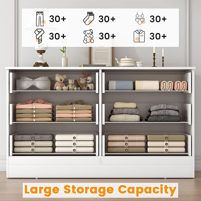 Bigbiglife Wood Dresser for Bedroom, 6 Drawer Double Dresser, Modern Chest of Drawers with Deep Drawers, Large Storage Organizer for Living Room, Closet (White)
