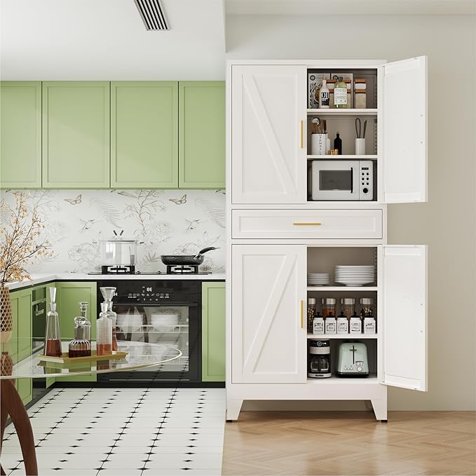 Large Metal Kitchen Pantry Cabinet with Adjustable Shelves - Freestanding Kitchen Storage Cabinet for Dining Room,Livingroom Bathroom, Hallway, Workshop, Office (White, 71"-1 Drawer)