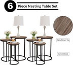 Lavish Home 6-Piece Nesting Tables – Set of 6 Round Side Tables with Woodgrain-Look Tops and Black Metal Frames – Modern Accent & End Table Set for Living Room, Bedroom, or Home Office (Gray/Brown)
