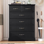 6 Drawer Dresser for Bedroom, 43" Tall Wooden Chest of Drawers, Rustic Farmhouse Dresser with Large Drawers & Metal Handles, Modern Storage Organizer for Closet, Living Room, Hallway, Black