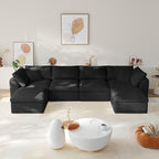 138" Boneless Cloud Couch Modular Sectional Sofa with Deep Seat for Living Room, L Shape Couch with Ottoman, Snowflake Cloth and 40D Memory Sponge，2 Throw Pillows (Black, 4 Seater+2 Ottoman)