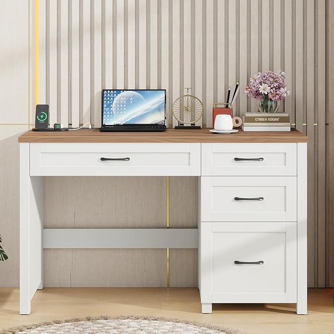 Vabches Farmhouse 47" Executive Desk, Computer Desk with File Drawer and Charging Station, Workstation for Home Office & Study（Off White