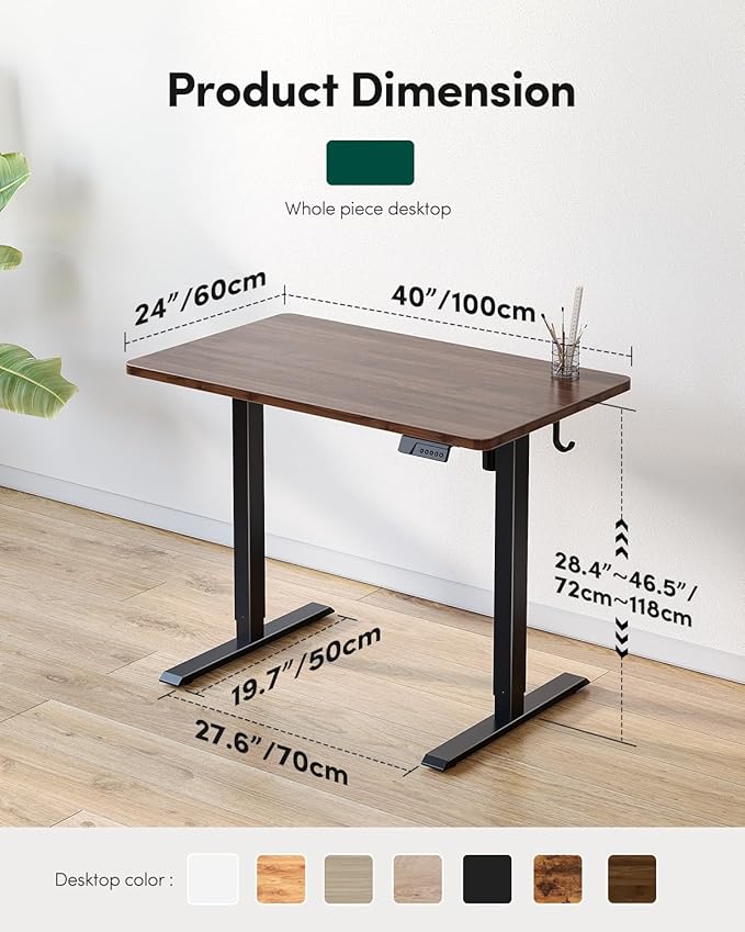 FEZIBO One-Piece Standing Desk Adjustable Height Stand up Home Office Desk, 40x24 Inch Electric Standing Computer Desk, with 4 Memory Presets, Headphone Hook, Black Walnut