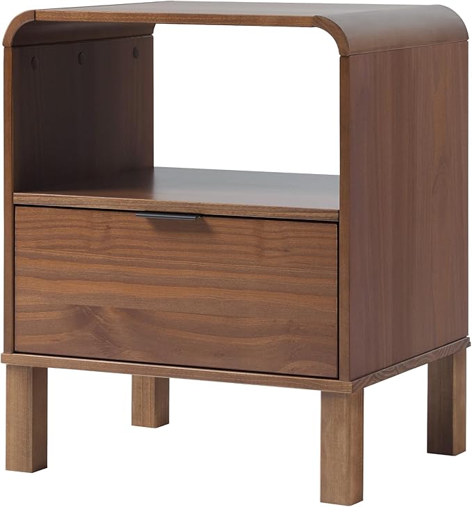 Walker Edison Modern Curved-Top Solid Wood 1-Drawer Nightstand with Open Cubby, 24 Inch, Brown