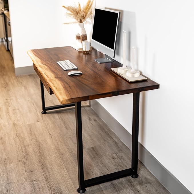 Wood Computer Desk with Drawer - 48x27 Solid Wood Desk, Live Edge Walnut Desk, Sturdy Metal Legs - Scratch and Stain Resistant Finish - Premium Quality