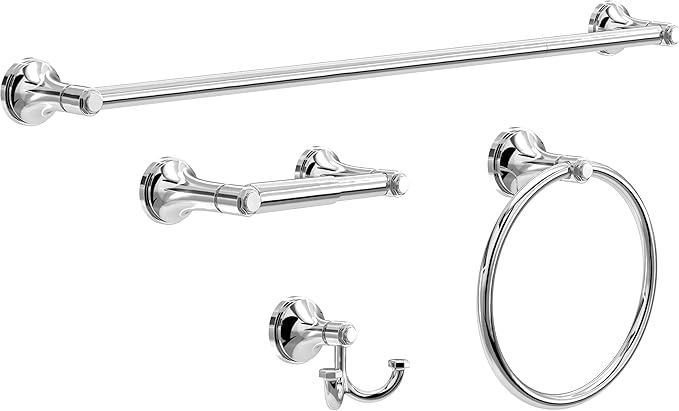 Franklin Brass Woodruff 4-Piece Bathroom Set Polished Chrome 18" + 6" Towel Rack, Toilet Paper Holder, Hand Towel Holder, Hook | 4-Piece Bath Hardware Accessories Set WDRF64-PC