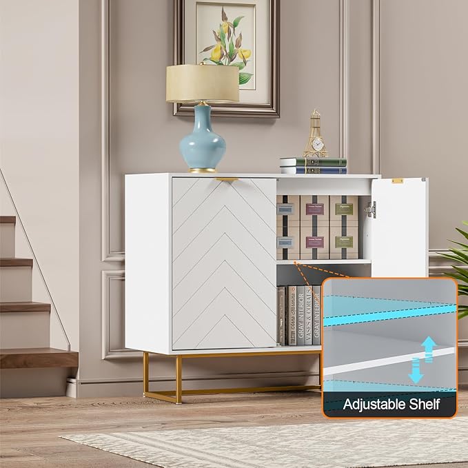 Scurrty Set of 2 31.5'' Sideboard Buffet Cabinet with Storage, Top Weight Capacity 150lbs Sideboard Storage with Doors and Adjustable Shelf, Accent Cabinet for Living Room, Kitchen, White
