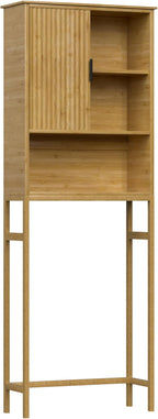 Over The Toilet Storage Cabinet with Fluted Doors, Bathroom Over Toilet Rack with Adjustable Shelf Bamboo FreeStanding Space-Saving Storage Organizer, Natural