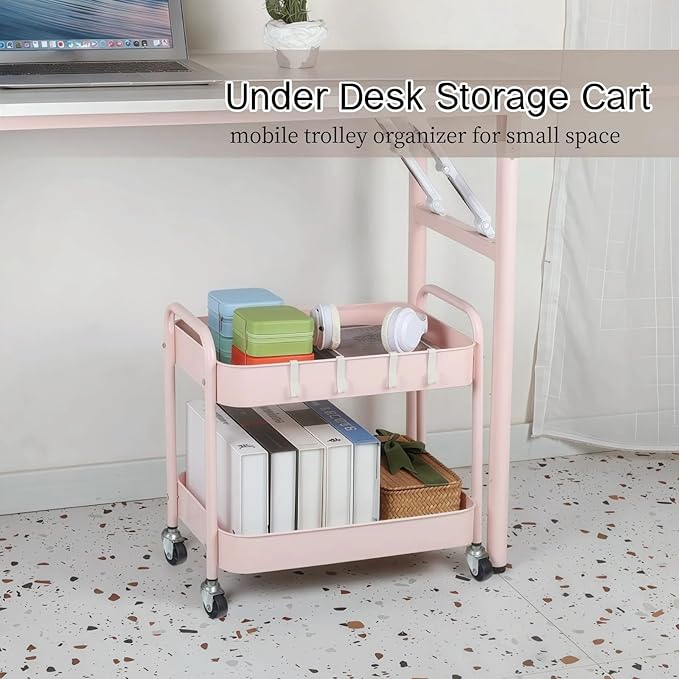2 Tier Rolling Cart Metal with Wheels Under Desk Storage Cart for Small Space Organization, Small Trolley for Pantry Room Laundry Bathroom Kitchen Office Art Snack Baby Supplies, Pink