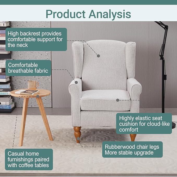 ZMAD Accent Chair, Upholstered High Back Floral Armchair Wood Legs, Comfy Wingback Reading Single Sofa Chair,Plus a Solid Wood Coffee Table for Small Spaces, Living Room, Bedroom (Beige)