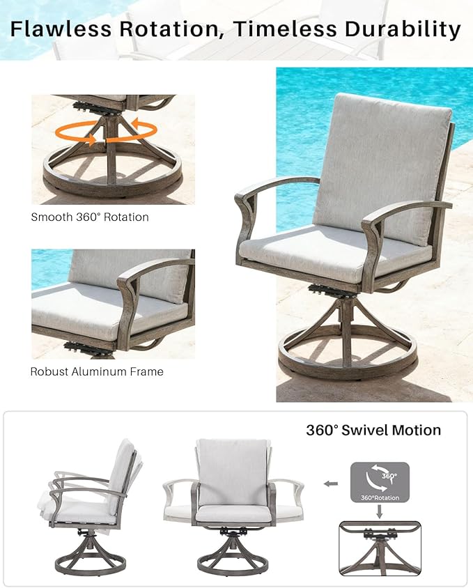 9-Piece Patio Dining Set for 8, Aluminum Outdoor Swivel Dining Set with Cushions, Outdoor Dining Set with Umbrella Hole, Patio Table and Chairs Furniture Sets for Deck, Garden Yard, Limed Oak