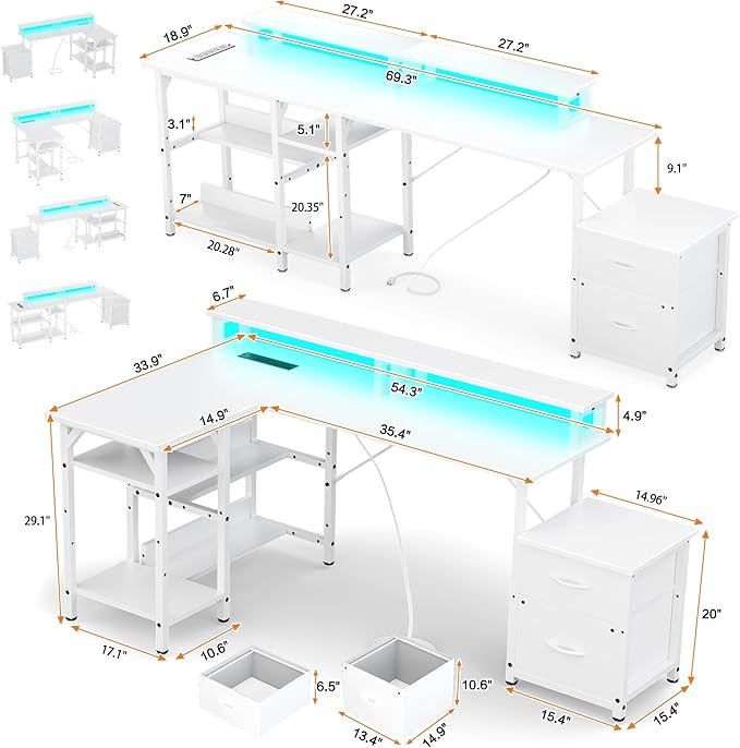 Office Desk L Shape with File Drawers&Power Outlet,YOUNGAR 69.3 Inch Reversible L Shaped Computer Desks,Corner L Shape or Long Desk Set up Monitor Stand &Storage Shelves LED Lights&CPU Stand,All White