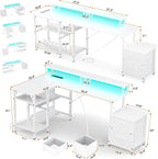 Office Desk L Shape with File Drawers&Power Outlet,YOUNGAR 69.3 Inch Reversible L Shaped Computer Desks,Corner L Shape or Long Desk Set up Monitor Stand &Storage Shelves LED Lights&CPU Stand,All White