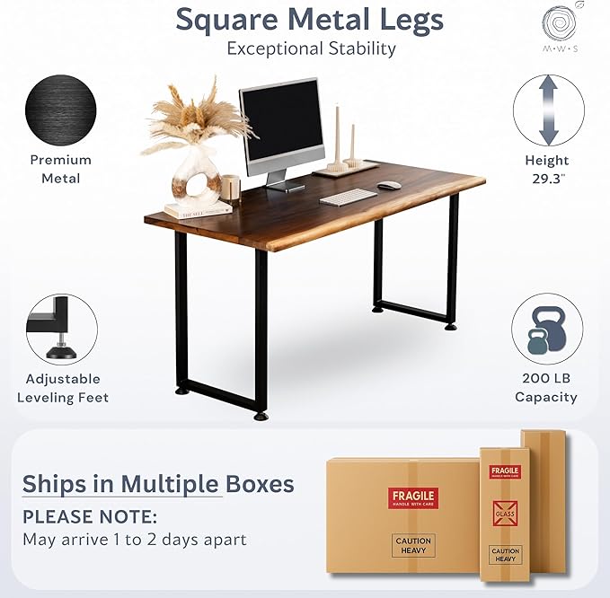 Wood Computer Desk with Keyboard Tray - 48x27 Solid Wood Desk, Live Edge Walnut Desk, Sturdy Metal Legs - Scratch and Stain Resistant Finish - Premium Quality