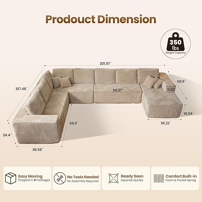 Cloud Sectional Couch with Chaise, Boneless U-Shaped Cloud Couch with Deep Seat, Soft Plush Modern Minimalist Sofa, Assembly Free Modular Floor Sofa for Office Living Room Apartment, Beige
