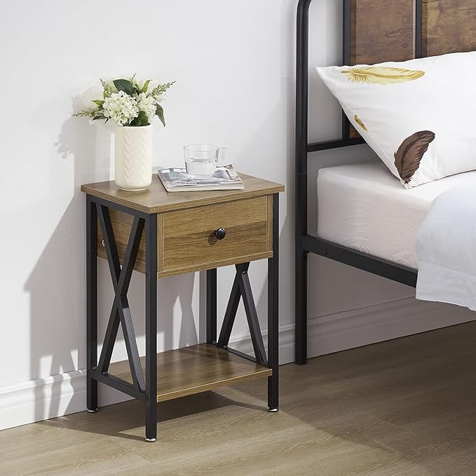 VECELO End Tables, Modern Nightstand with Drawer & Shelf, Night Stand for Bedroom Living Room,Industrial Metal Frame