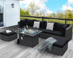 NICESOUL 7 Piece Outdoor Patio Sectional Furniture Set with Firepit Natural Gas/Propane, 29.3'' High-Back Comfy Conversations for Outside, Oversized Wide Wicker Couches, 2 Color Cushion Black & Gray