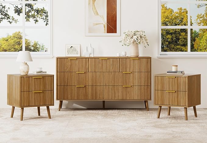 LYNSOM Fluted Dresser and Nightstand Set, 3 Pieces Bedroom Set, 55 Inch Wide 7-Drawer Dresser & 2-Drawer Nightstands Set of 2, Modern Dressers Set for Bedroom, Hallway, Natural Oak