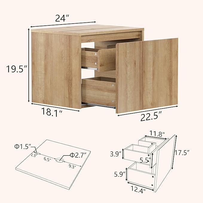 Bathroom Vanity, Natural Color Wall-Mounted Bathroom Vanity with Hidden Drawer (Nature Without Sink, 24)