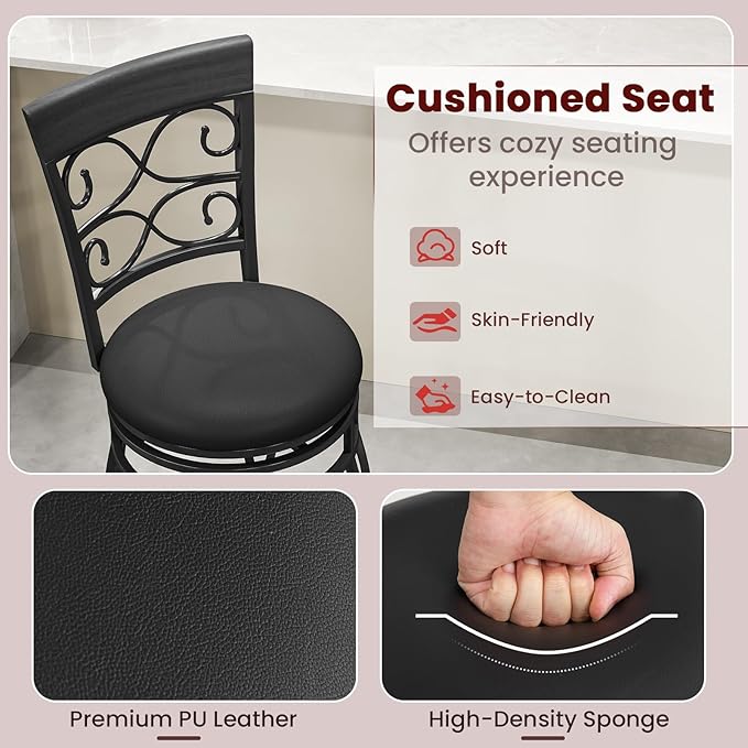 Giantex 30" Swivel Bar Stools Set of 4, Bar Height Bar Stools with Back, Upholstered PU Leather Seat, Footrest, Max Load 330Lbs, Vintage Metal Barstools for Kitchen Island, Dining Room, Pub, Black