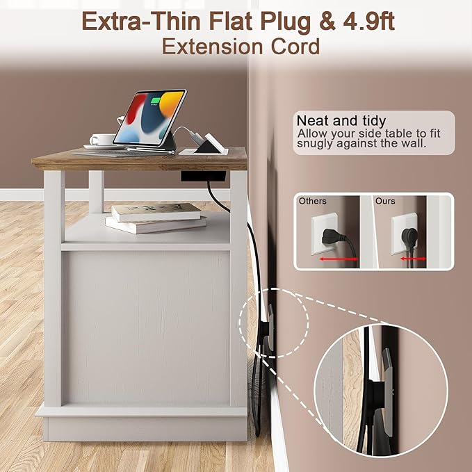 HIFYOBRO End Table with Flip Top Charging Station and 2 Drawers, Type-C & USB Port & Power outlets, Wooden Storage Cabinet, Large Side Table with Storage for Living Room and Bedroom (White)