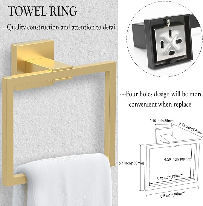 BOZWELL 5 Piece Light Brushed Gold Stainless Steel Towel Bar Set, 23.6 inch Square Bathroom Hardware Accessories Set,Wall Mounted Towel Racks for Bathroom with TP