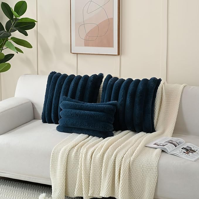 FUTEI Navy Blue Decorative Throw Pillow Covers 20x20 Inch Set of 2, Square Soft Faux Rabbit Fur Thick Striped Cushion Cover,Winter Home Decor for Couch Bed Living Room