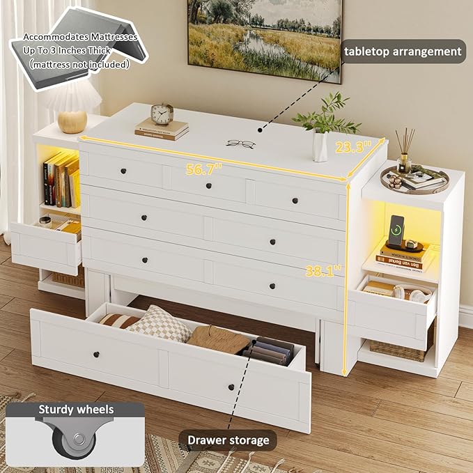 Full Size Murphy Bed with Bedside Tables,Full Size Foldable Cabinet Bed Frame with Charging Station & Drawer,Murphy Bed Chest with Adjustable LED Light for Bedroom,Guest Room,White