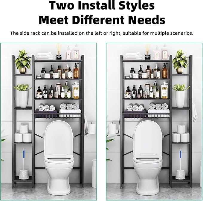 8-Tier Over The Toilet Storage with Side Rack, Over Toilet Storage Rack with Adjustable Shelf & Drain Basket, Freestanding Bathroom Organizer for Balcony, Laundry (Pure Black)