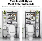 8-Tier Over The Toilet Storage with Side Rack, Over Toilet Storage Rack with Adjustable Shelf & Drain Basket, Freestanding Bathroom Organizer for Balcony, Laundry (Pure Black)