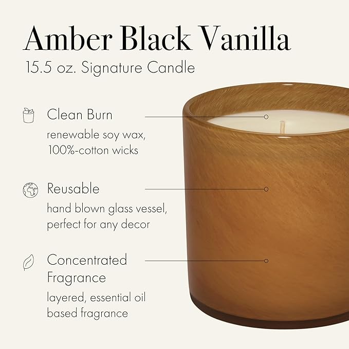 LAFCO New York Signature Candle, Amber Black Vanilla - 15.5 oz - 90-Hour Burn Time - Reusable, Hand Blown Glass Vessel - Made in The USA