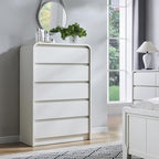 Modern 5 Drawers Dresser for Bedroom, 45" Tall Dressers & Chests of Drawers w/Curved Profile Design, Wood Mid Century Vertical Dresser w/Natural Texture for Bedroom, Living Room, Antique White