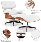 Top White PU Leather, Mid Century Chaise Lounge Chair and Ottoman, Modern Chair Classic Design, Palisander Wood, Heavy Duty Base Support for Living Room Office
