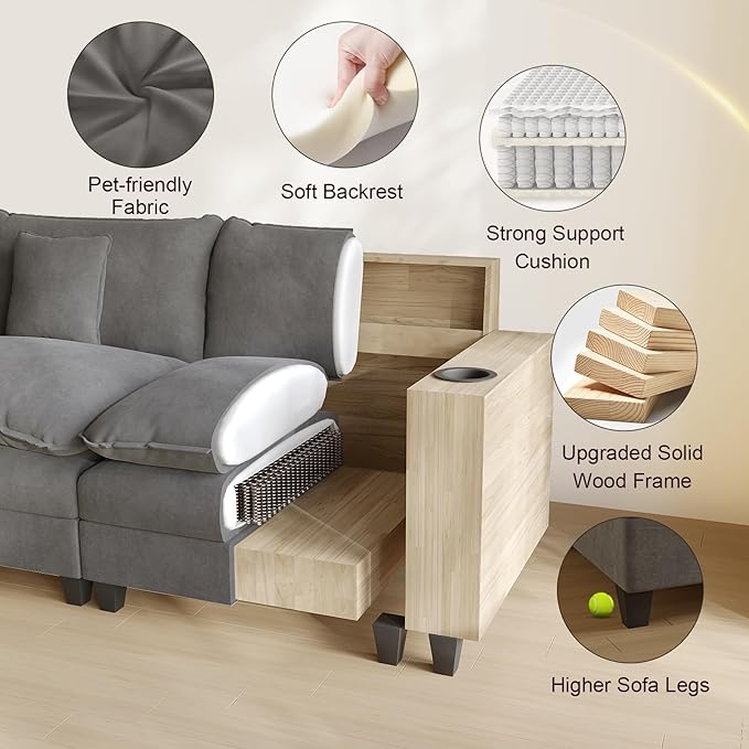 Cloud Couch, Modular Sectional Sofa with Ottoman, Charging Station, Throw Pillows, Cup Holders, Modern Convertible L Shaped Couches for Living Room, Bedroom (Grey, 116"- U Shape)