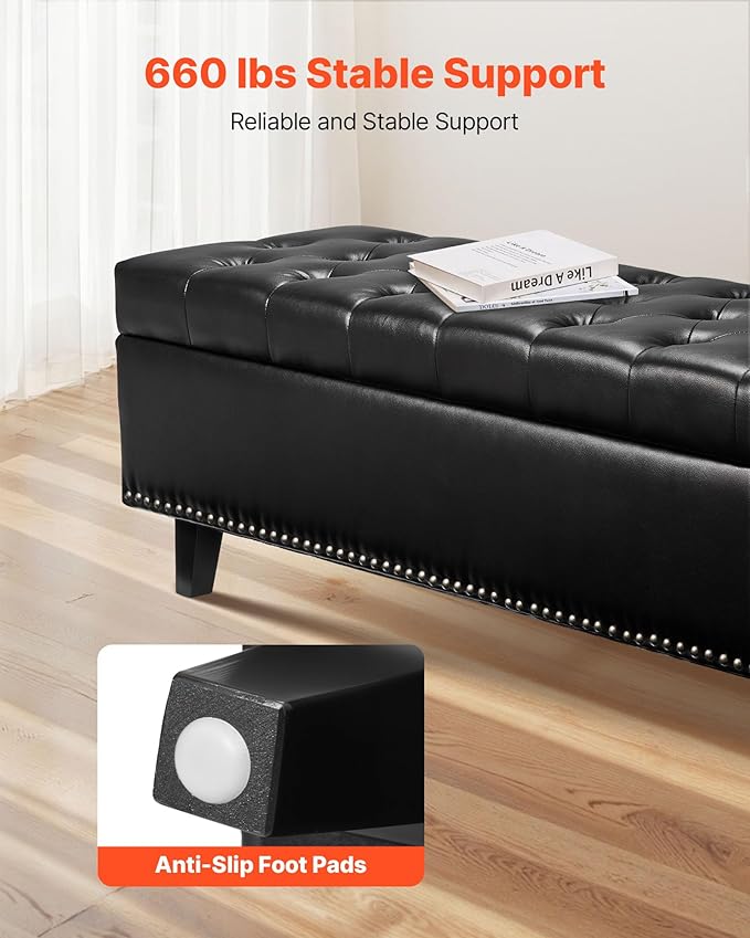 VEVOR Button-Tufted Storage Ottoman Bench, PU Leather Bench with Storage and Solid Wood Legs, Modern Shoe Benches Seat for Entryway, Upholstered End of Bed Benches for Living Room, Dining Room, Black