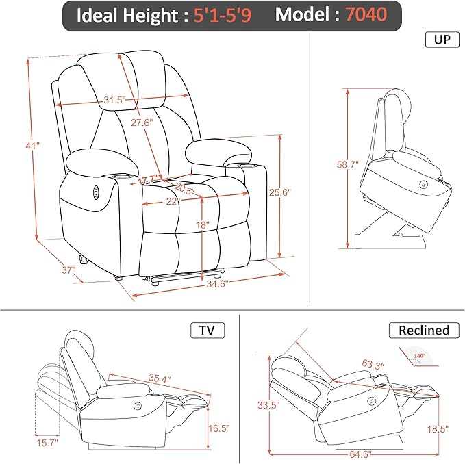 MCombo Power Lift Recliner Chair for Elderly, Lift Chair with Heat and Massage, FSC Certified, USB&Type C Ports, Cup Holders, Fabric 7040 (Medium, Gray)