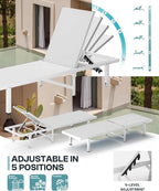 Pool Lounge Chairs, Chaise Lounge Outdoor with Wheels and 5-Position Recliner -Easy to Move- Aluminum Patio Lounge Chair for Poolside, Deck (White)
