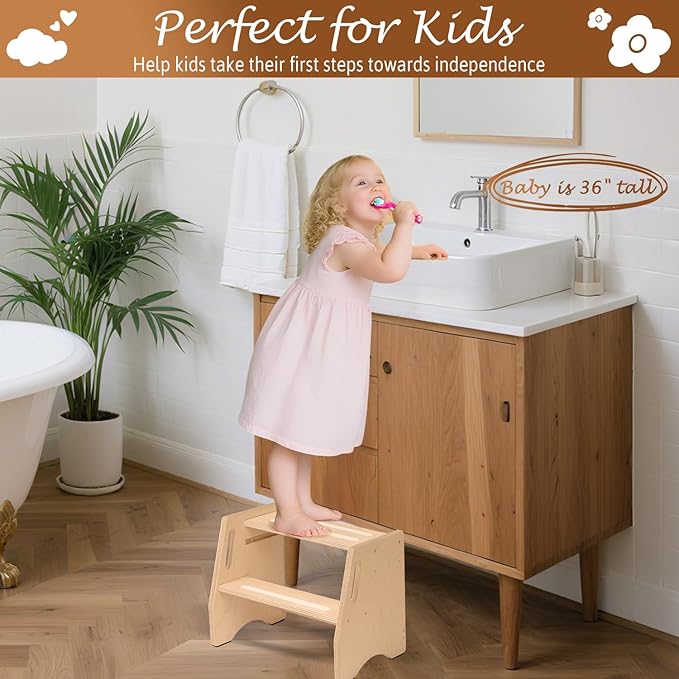 Step Stool for Toddlers & Kids - Wooden Height Adjustable Kids 2 Step Stool with Safe Non-Slip Pads - Potty Training Stool for Bathroom Sink, Bedroom,Kitchen Dual Height Step Stools for Kids(Natural)
