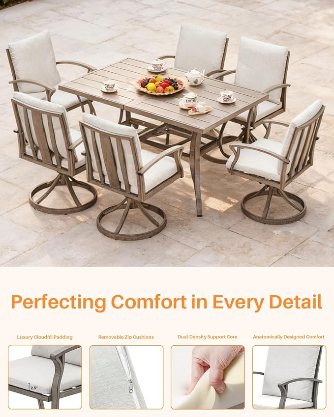 7-Piece Patio Swivel Dining Set for 6, Aluminum Outdoor Dining Set with Umbrella Hole, Patio Dining Furniture with Cushions, Outdoor Table and 6 Swivel Chairs for Deck Garden Yard, Limed Oak