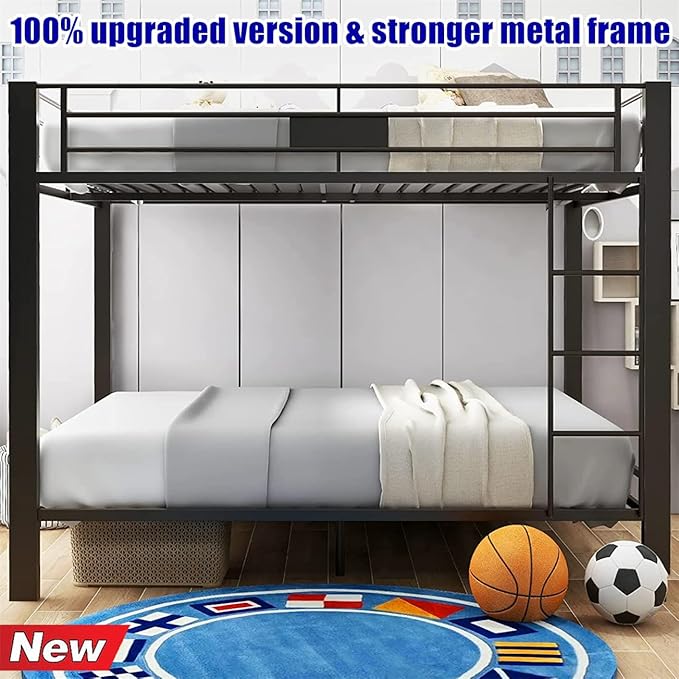Higher Quality & Stronger Metal Queen Over Queen Bunk Bed, Thickened Heavy Duty More Stable Safer Black Steel Bunkbed Bunk Queen Bed (Easier to Assemble) (Queen Over Queen-1)
