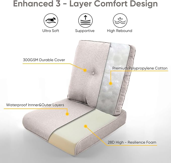 8-Piece Outdoor Patio Cushion Set - Fade & Water Resistant with Removable Olefin Cover, 22x24x4 Inch Memory Foam Cushions for Wicker Sectional Sofa – Beige/Buckle
