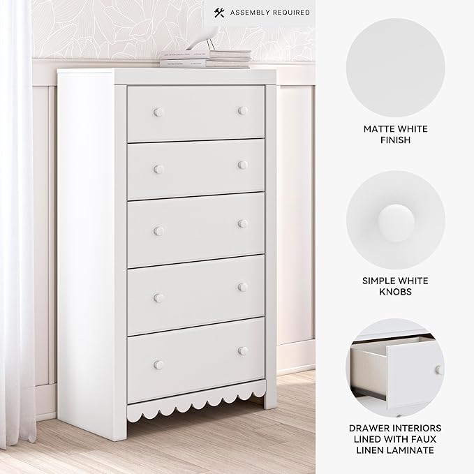 Signature Design by Ashley Mollviney Coastal 5-Drawer Chest of Drawers with Safety Stop and Scalloped Detailing, White