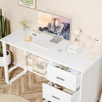 White Desk with 3 Drawers, 47 Inch Computer Desk with Drawers for Bedroom, Small Home Office Desk with File Cabinet, Bottom Shelves for Small Spaces