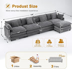 U-Shaped Cloud Chenille Sectional with 2 Ottomans, 146" Modular Sofa for Large Spaces, Ultimate Comfort with Deep Seats & Pillows, Solid Frame, 1YR Warranty