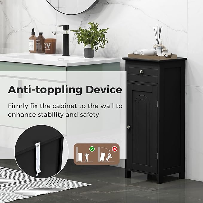 LOKO Bathroom Floor Cabinet, Modern Single Door Storage Cabinet with Drawer & Adjustable Shelves, Corner Narrow Storage Organizer for Living Room, Entryway (Black)