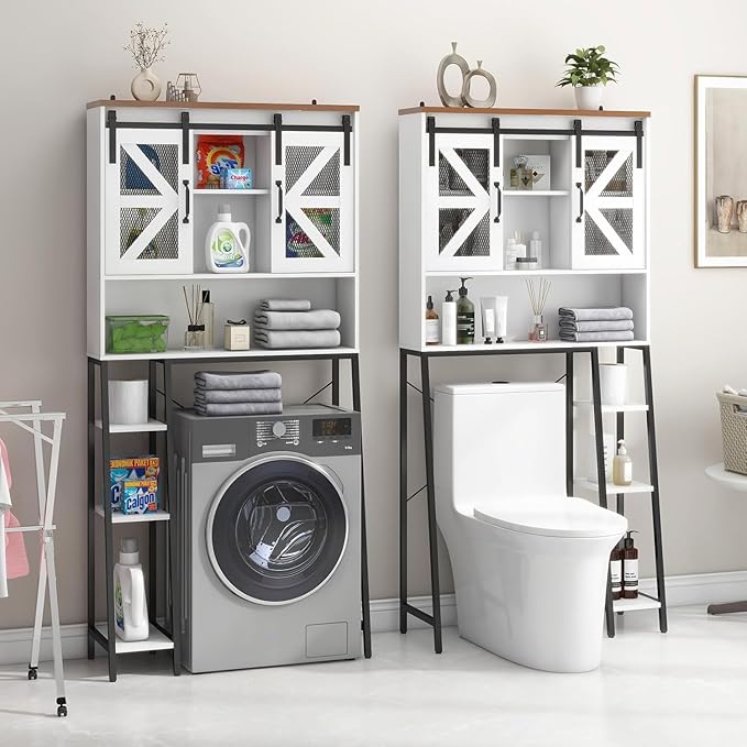 Over The Toilet Storage Cabinet, Farmhouse Storage Cabinet Over Toilet with 2 Sliding Barn Door，Home Space-Saving Toilet Rack, for Bathroom, Restroom, Laundry(White).