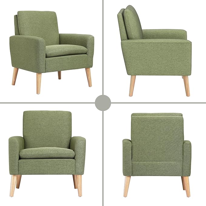 Lohoms Mid Century Accent Chair, Linen Upholstered Green Armchair for Living Room or Bedroom, Comfy Modern Sofa Chair for Guest Room, Reading Nook, or Waiting Area