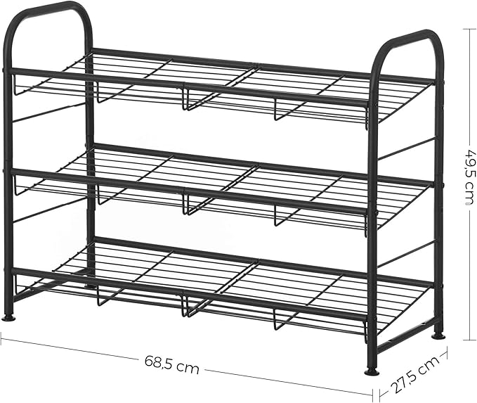 SONGMICS Shoe Rack, 3 Tier Shoe Organizer for Closet, Holds up to 12 Pairs of Shoes, Shoe Rack for Front Door Entrance, Metal Shoe Shelf with Adjustable Tilt Angle, for Entryway, Garage, Black