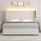 Queen Bed Frame with LED Lights, Faux Leather Upholstered Platform with Silver Wingback Headboard, Modern Style, No Box Spring Needed, Easy Assembly, Cream